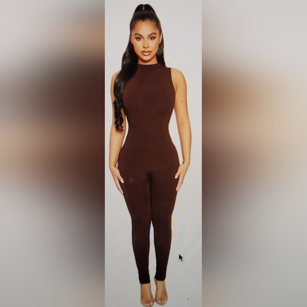 NWT 4 WAY STRETCH SEXY  Sleeveless Back Zip High Neck JUMPSUIT  CATSUIT Brown XL